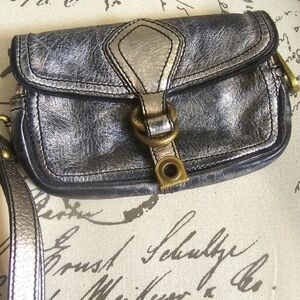 Marc By Marc Jacobs Metallic Silver Leather Buckle Wristlet EUC